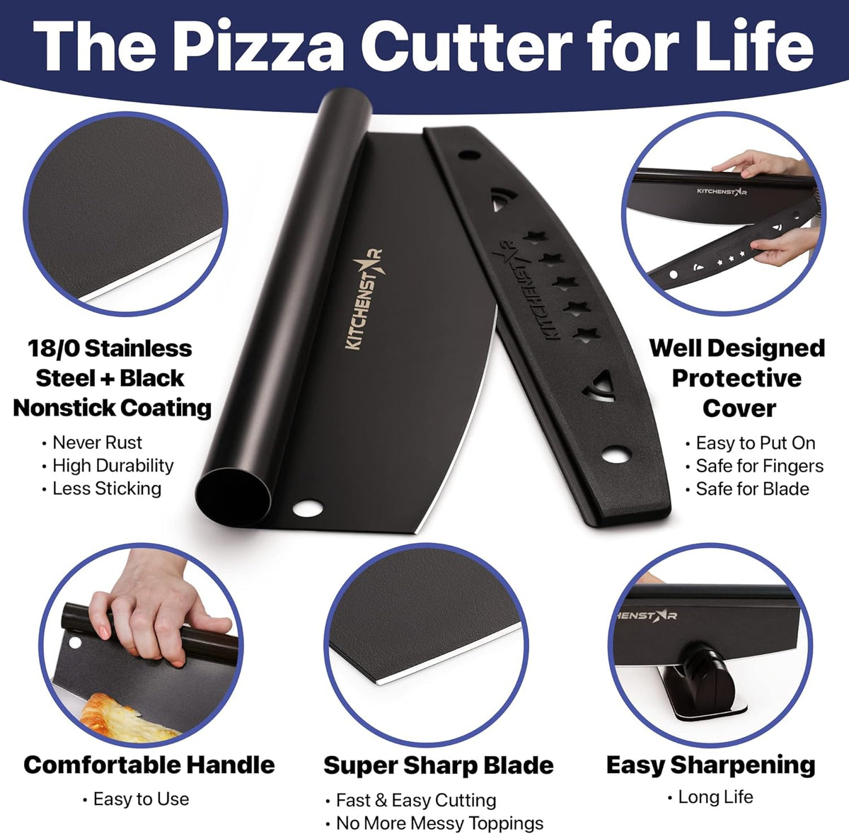KitchenStar 14-Inch Pizza Cutter Rocker Blade - Sharp Stainless Steel Slicer Knife, Protective Cover, Black Nonstick, Large - Professional Pizza Oven Accessories