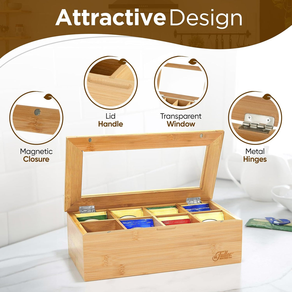 Fuller Bamboo Tea Box Organizer with 8 Compartments – Natural Bamboo Tea Storage Case with Clear Acrylic Lid – Elegant Fuller Tea Caddy for Tea Bags, Coffee Pods, Spices & More – Home & Office