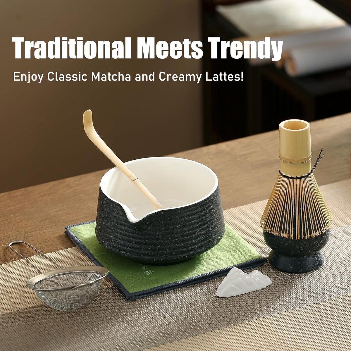Matcha Whisk Set, Ceramic Matcha Set with Spout, Matcha Bowl Kit with Sifter, Whisk and Holder, Bamboo Scoop, Scoop Rest, Tea Towel, 7 Pcs Matcha Kit Set for Making Breakfast/Latte for Matcha Lovers
