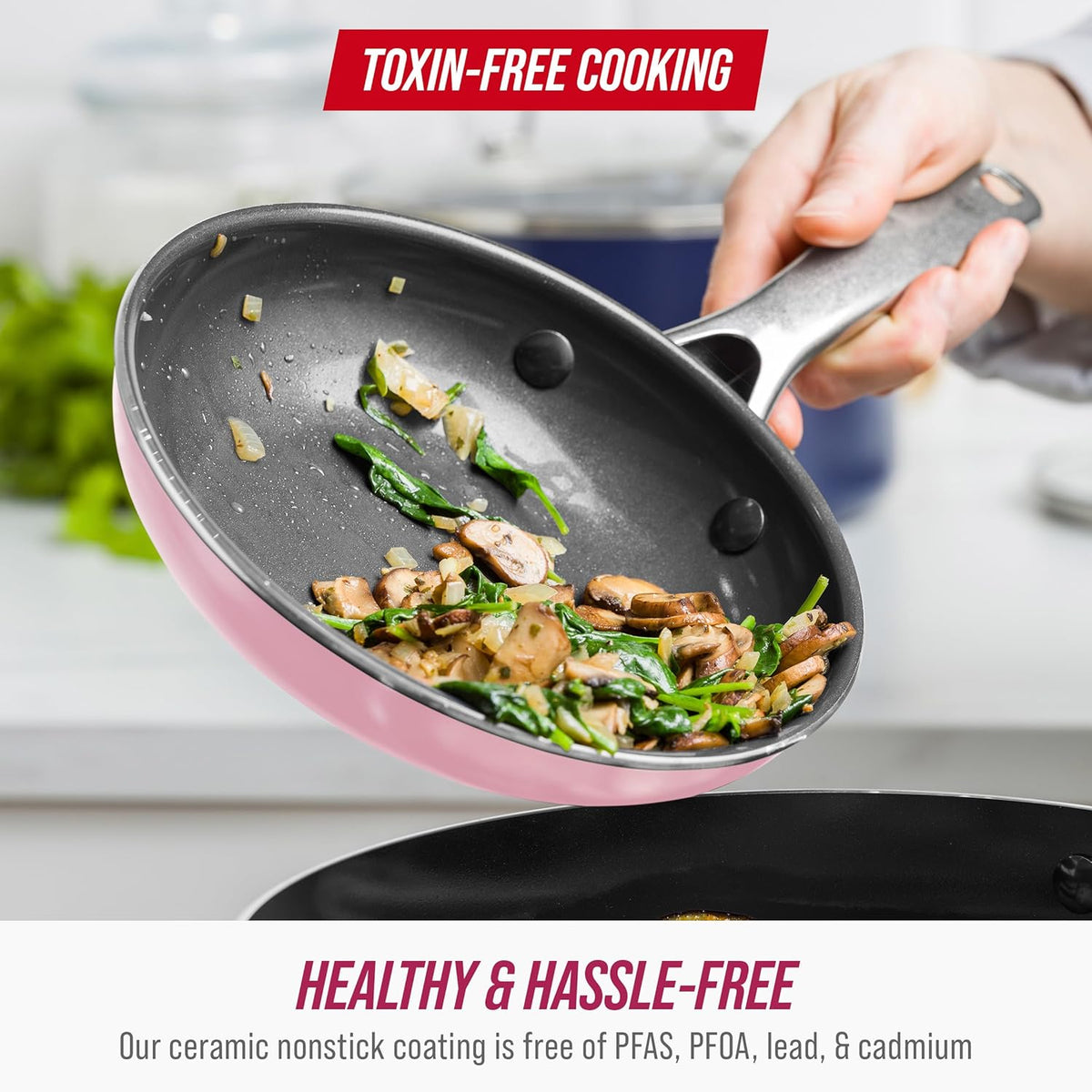 Blue Diamond 8" Nonstick Frying Pan Skillet, Diamond Infused PFAS & PTFE-Free Ceramic Pot, Dishwasher & Oven Safe, Stay Cool Handle, Durable Non Toxic Metal Utensil Safe, Egg & Omelet Pan, Pink
