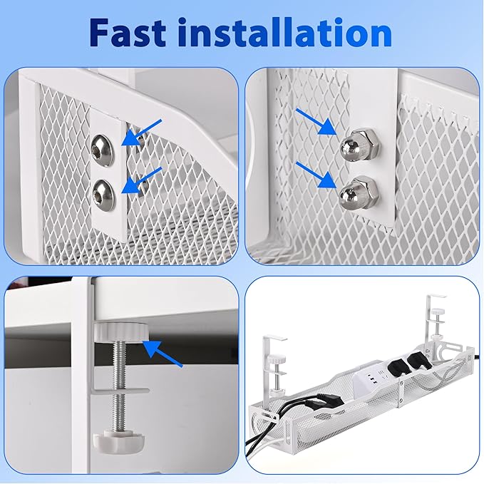 Under Desk Cable Management Tray 25.3 Inch – No Damage Install, Cord Organizer for Office & Home, Wire Organizer for Desk Storage, White