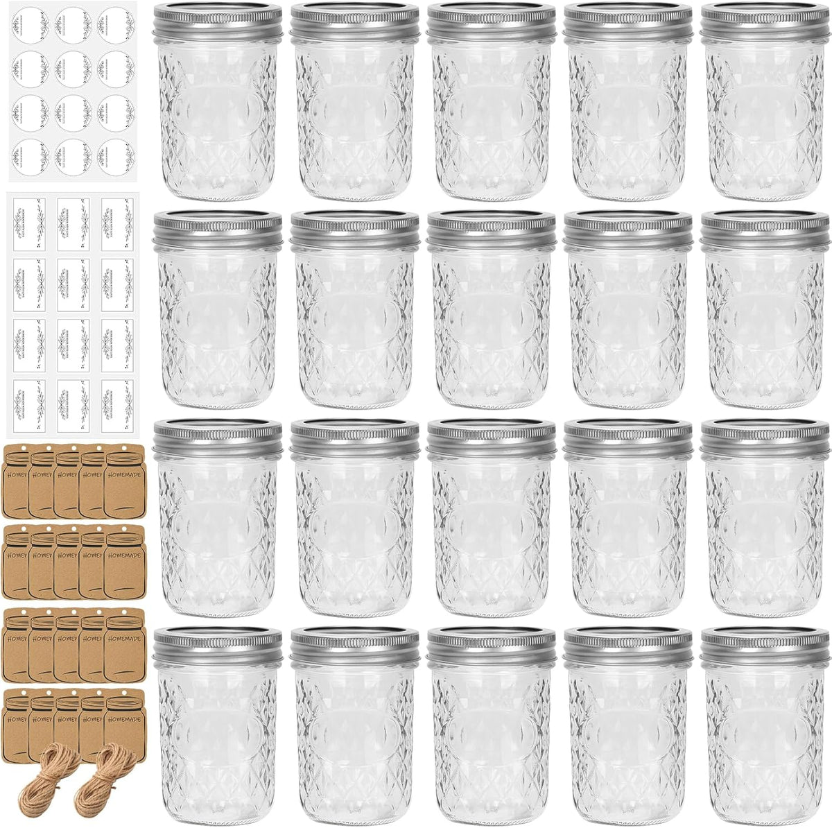Eathtek 8 oz Mason Jars 20 Pack, 240ml Mini Canning Jars with Regular Lids for Jelly Herbs Spice Honey Storage, Small Glass Jars Candle jars, Extra Lids Tags Label Included