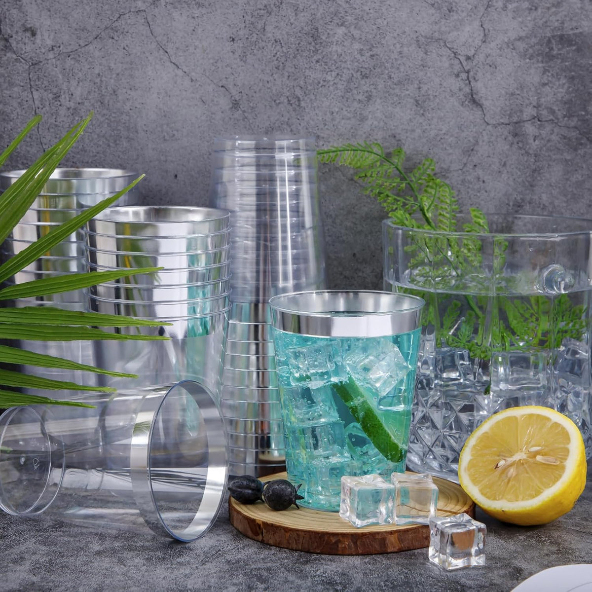 I00000 100PCs Silver Plastic Cups, 10 oz Clear with Silver Trim, Heavy-Duty Disposable Hard Plastic Cups for Party & Wedding