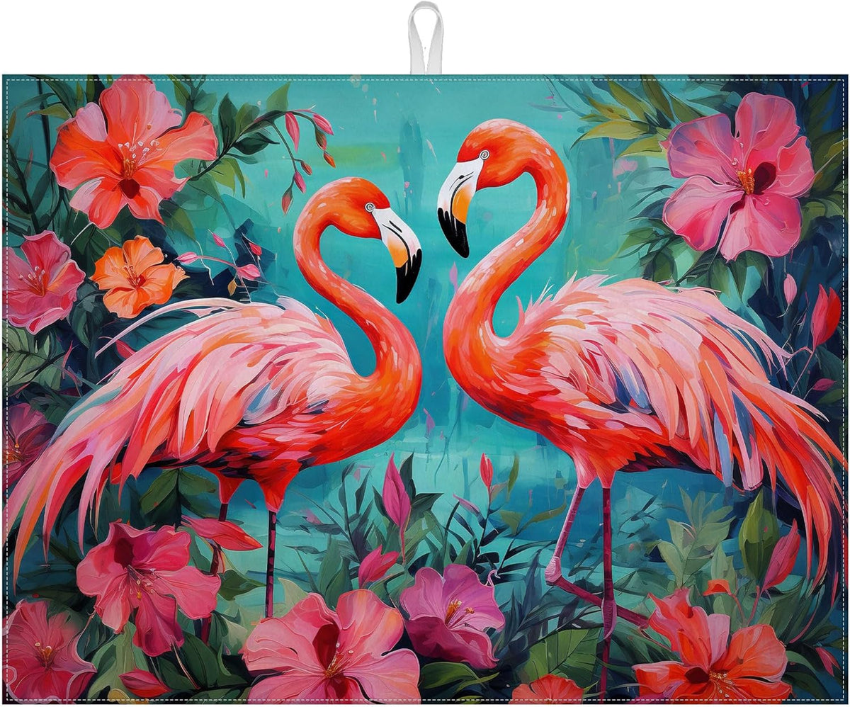 Tropical Flower Flamingo Dish Drying Mat for Kitchen Counter Microfiber Absorbent Dish Kitchen Drying Mat Draining Reusable Washable for Dishes/Utensils/Counterto