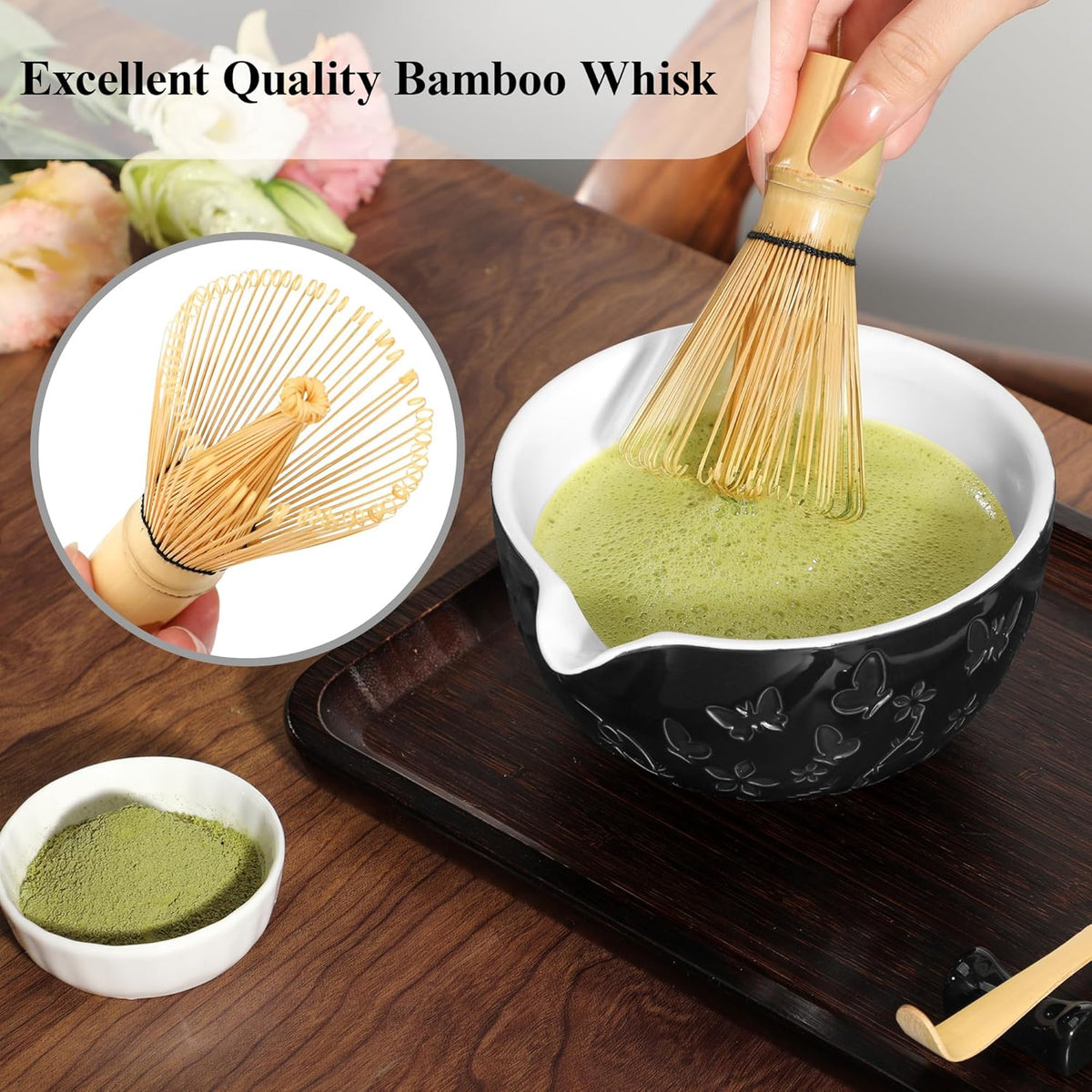 Matcha Whisk 7 PCS Matcha Whisk Set Ceramic Matcha Kit for Ceremony (Matcha Bowl, Bamboo Whisk and Holder), Matcha Tea Set for Making Breakfast/Latte Japanese Tea Tools for Ceremony Gift Black