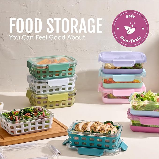 Ello Duraglass 3.4 Cup Meal Prep Sets 10Pc, 5 Pack Set- Glass Food Storage Container with Silicone Sleeve and Airtight BPA-Free Plastic Lids, Dishwasher, Microwave, and Freezer Safe, Evening Orchard