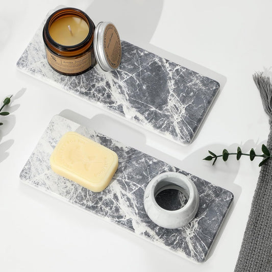2PCS Bathroom Sink Vanity Trays, Water Absorbing Diatomite Stone Quick Drying Mat for Kitchen Counter, Dish Rack Dispenser Sponge Holder Caddy Organizer, Marble Crack, 9"x3.5"
