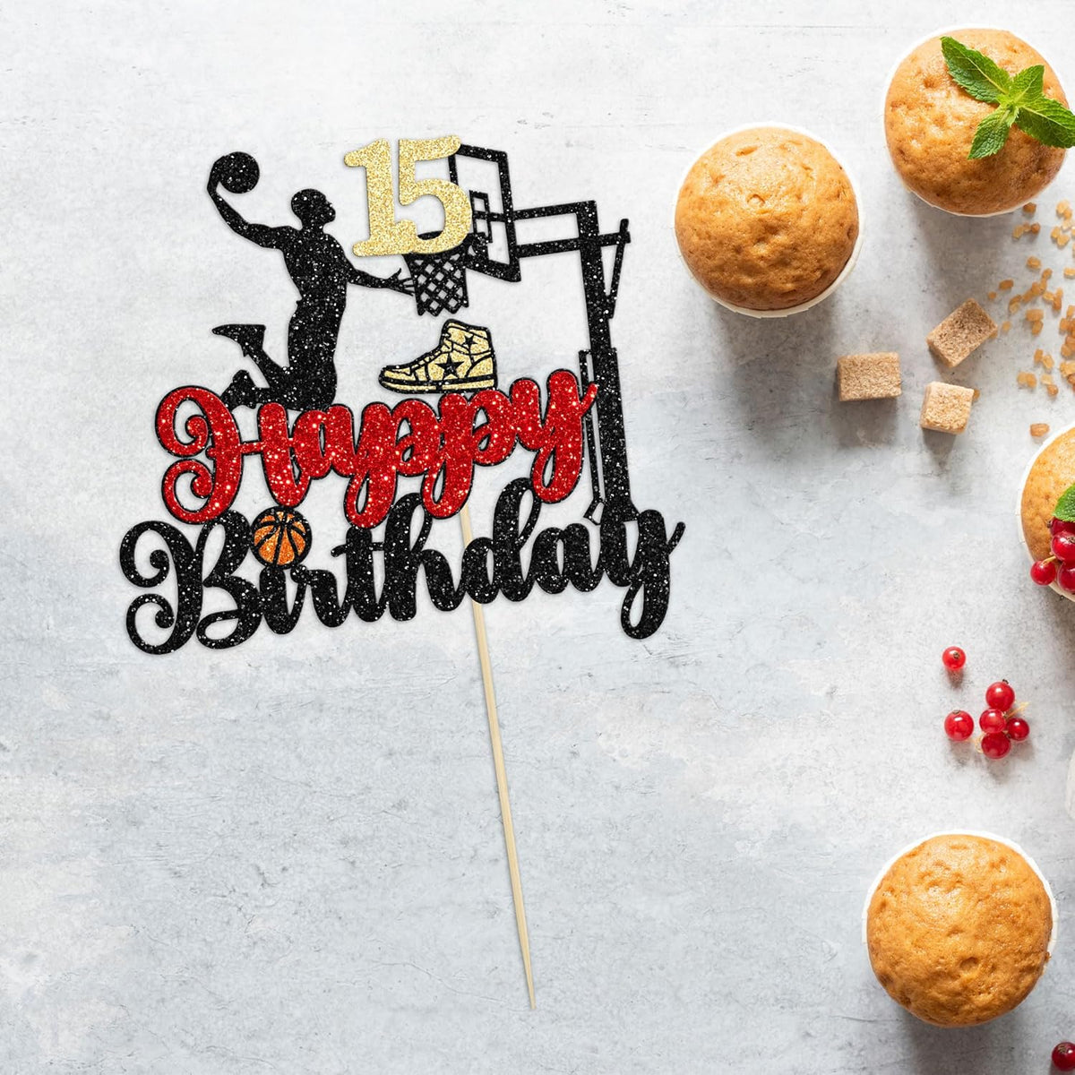 Ephlyn Basketball Happy 15th Birthday Cake Topper, 1Pc, Party Supplies for Birthday, Baby Shower