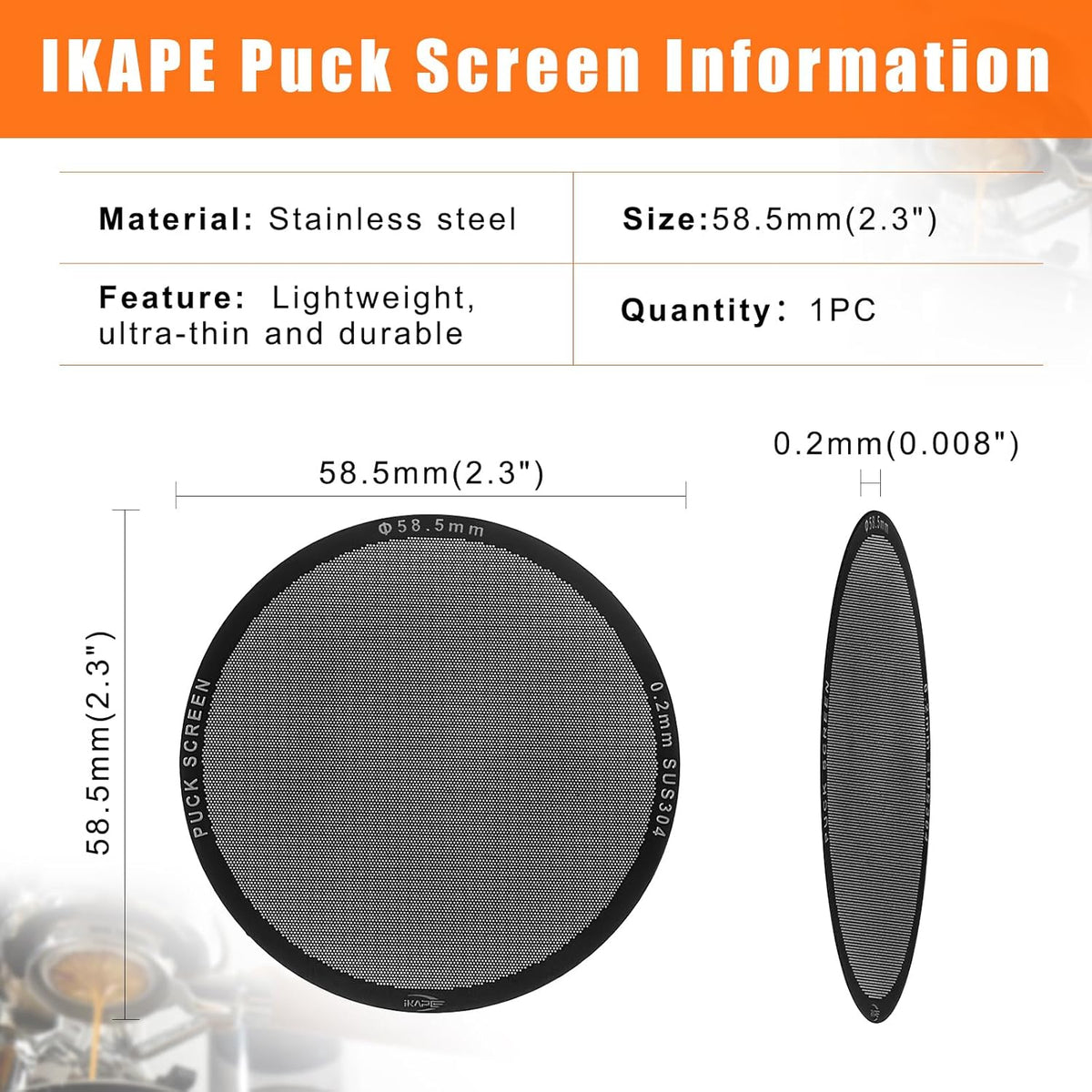 IKAPE 58.5mm Espresso Puck Screen, 0.2mm Thickness, Reusable Metal Ultra-thin & Ultra-light Coffee Filters, Food-grade 316 Stainless Steel Coffee Puck Screen for Espresso Baristas(black)