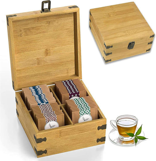 Bamboo Tea Organizer Box Chemical Free Eco-Friendly Big, Tall, Adjustable Cubbies Natural Wooden Storage Chest (4-Slot Square 7.4" x 8.1" x 4.2")