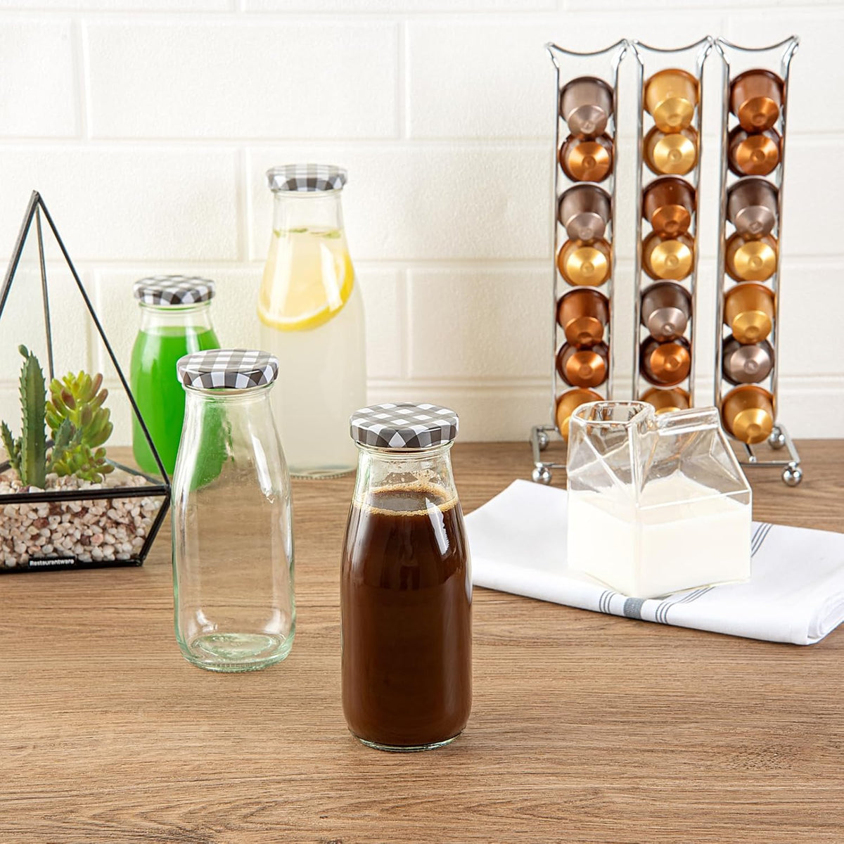 Restaurantware French Countryside 11 Ounce Glass Bottles 10 Durable Juice Bottles - With Black Plaid Lid Dishwashable Clear Glass Countryside Bottles For Hot And Cold Beverages