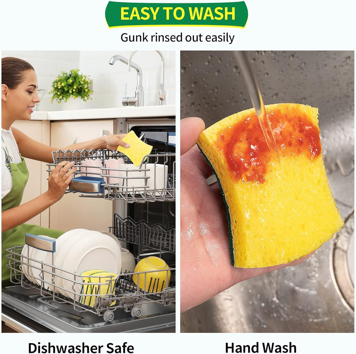 HOMERHYME Heavy Duty Scrub Sponge 24 Pack, Eco Cellulose Kitchen Dish Sponge Multipurpose Ergonomic for Washing Dishes, Uncoated Cookware & Household Cleaning.