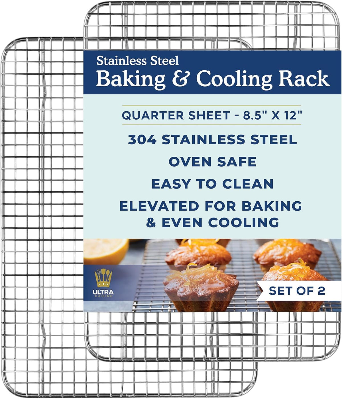 Ultra Cuisine Oven-Safe, Dishwasher-Safe 100% Stainless Steel Cooling & Baking Rack Set - Tight-Wire Bake for Oven Cooking - Heavy Duty - 8.5x12 - Set of 2 - Small Quarter Sheet Pan Cooling Racks