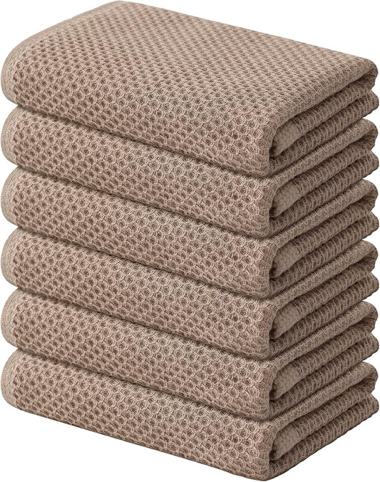 Kitinjoy 100% Cotton Waffle Weave Kitchen Towels, 6-Pack Super Soft and Absorbent Dish Towels for Drying Dishes, Kitchen Hand Towels, 13 in x 28 in, Tan