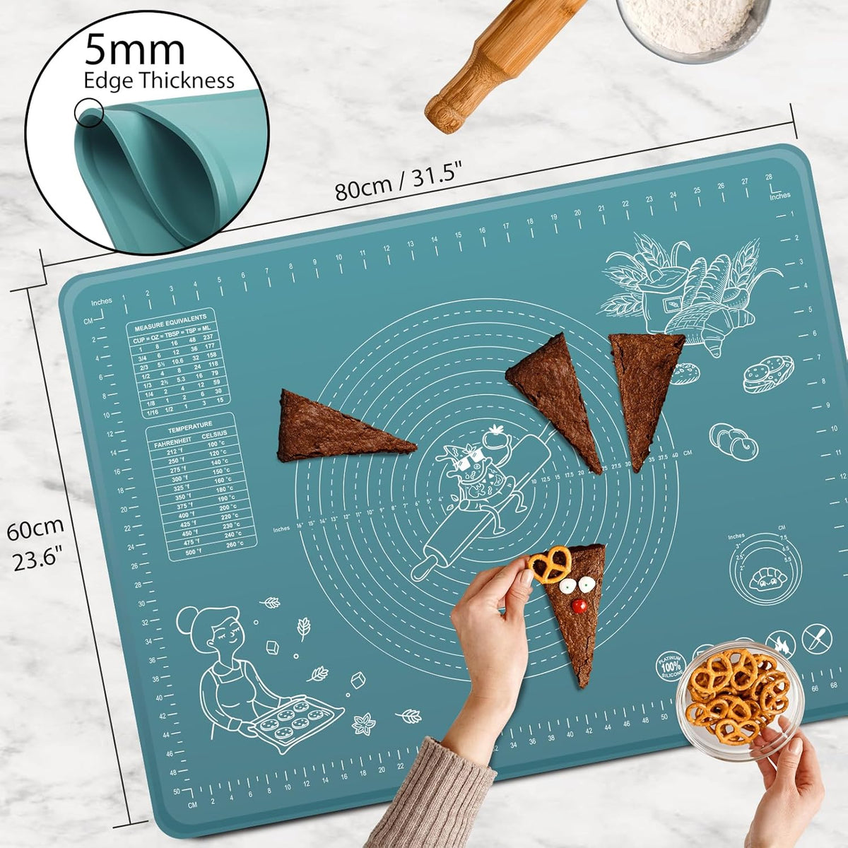 Silicone Pastry Mat 32" x 24" Extra Thick Non Stick Baking Mat with Measurements and Edge Heightening, Food Grade Silicone Rolling Mat for Pastry, Bread, Cookies, Pizza, Fondant, Pasta