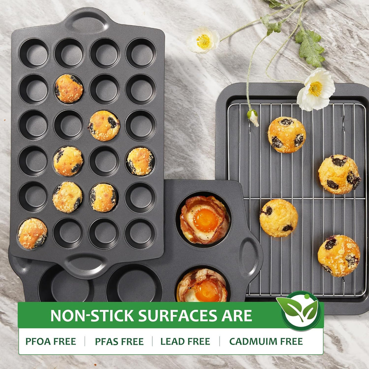 HONGBAKE mini muffin pan nonstick 24, Cupcake Tin for Baking, Commercial Small Cup Cake Tray for Cheesecake, 1.8dia, Heavy-duty, Gray