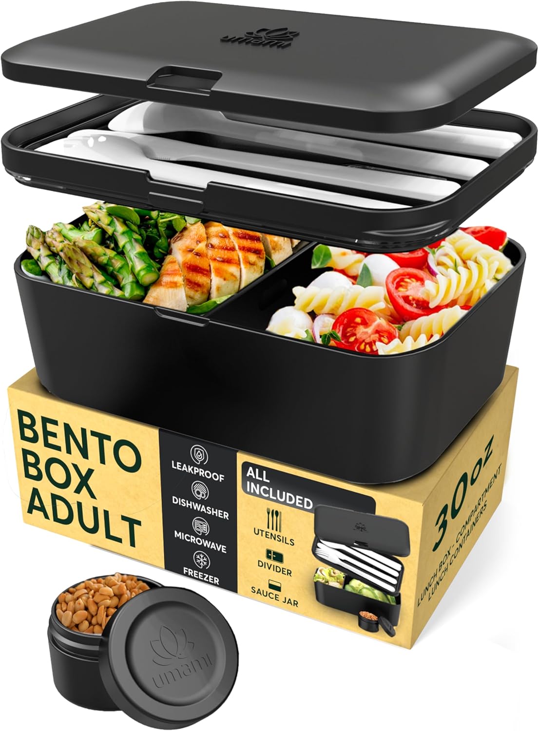 Umami Lunch Box Containers w/ 4 Utensils, Sauce Jar, Nestable Space-Saving Bento Box Adult, 100% Leakproof, Microwavable Lunch Containers for Adults, Design Award Winner, Black, 30 oz