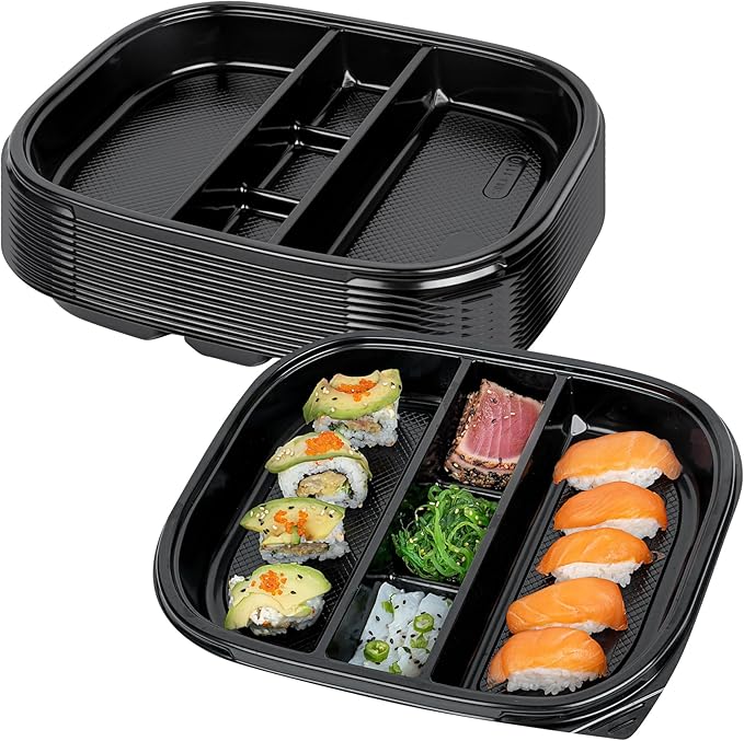 Restaurantware-Bento Tek 50.7 Ounce Meal Prep Containers, 50 Disposable To Go Food Boxes - Lids Sold Separately, 5 Compartments, Black Plastic Bento Lunch Boxes, Freezable, For Take Out