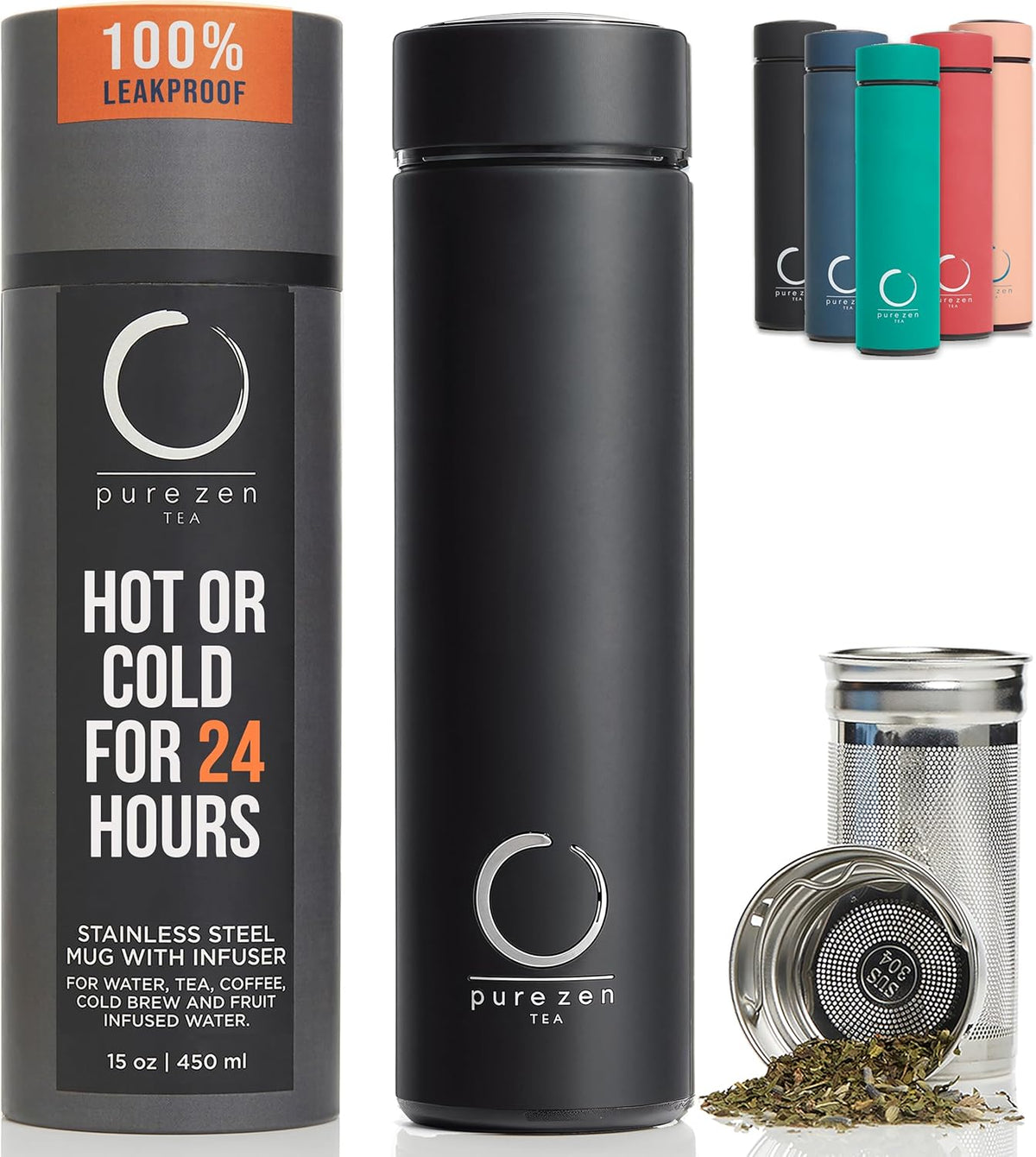 Pure Zen Tea Thermos with Infuser for Hot and Cold Infusions, Coffee and Fruit-Infused Water - Stainless Steel - Tea Infuser Bottle - Leakproof Travel Mug with Filter - 15oz - Black
