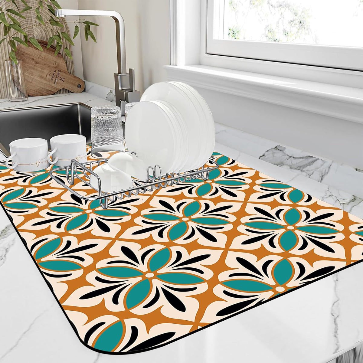 Dish Drying Mat Abstract Floral Kitchen Mat 16"x24" Bsorbent Coffee Maker Mat for Dishes,Utensils Coffee Maker Pots and Pans Easy Clean Dish Slip Resistant Pad