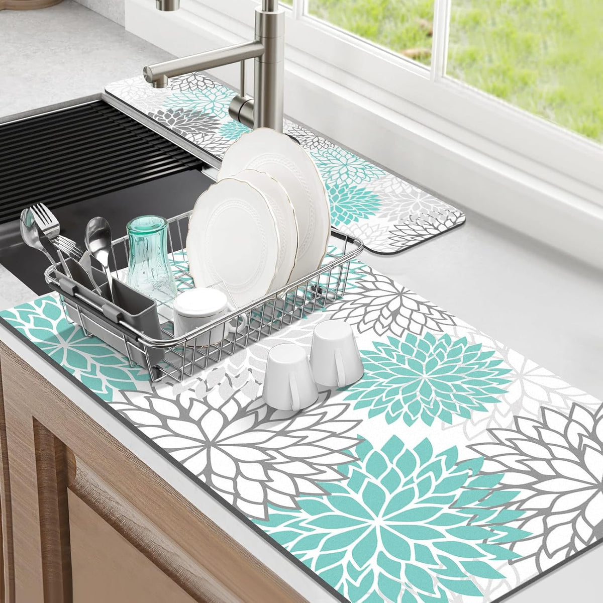 Findosom 2PCS 17" x 32" Dish Drying Mat & 24" x 5.5" Sink Splash Guard, Super Absorbent & Cuttable Dish Mat Drying Kitchen Mat with Teal Floral, Hide Stain Drying Mat for Kitchen Counter