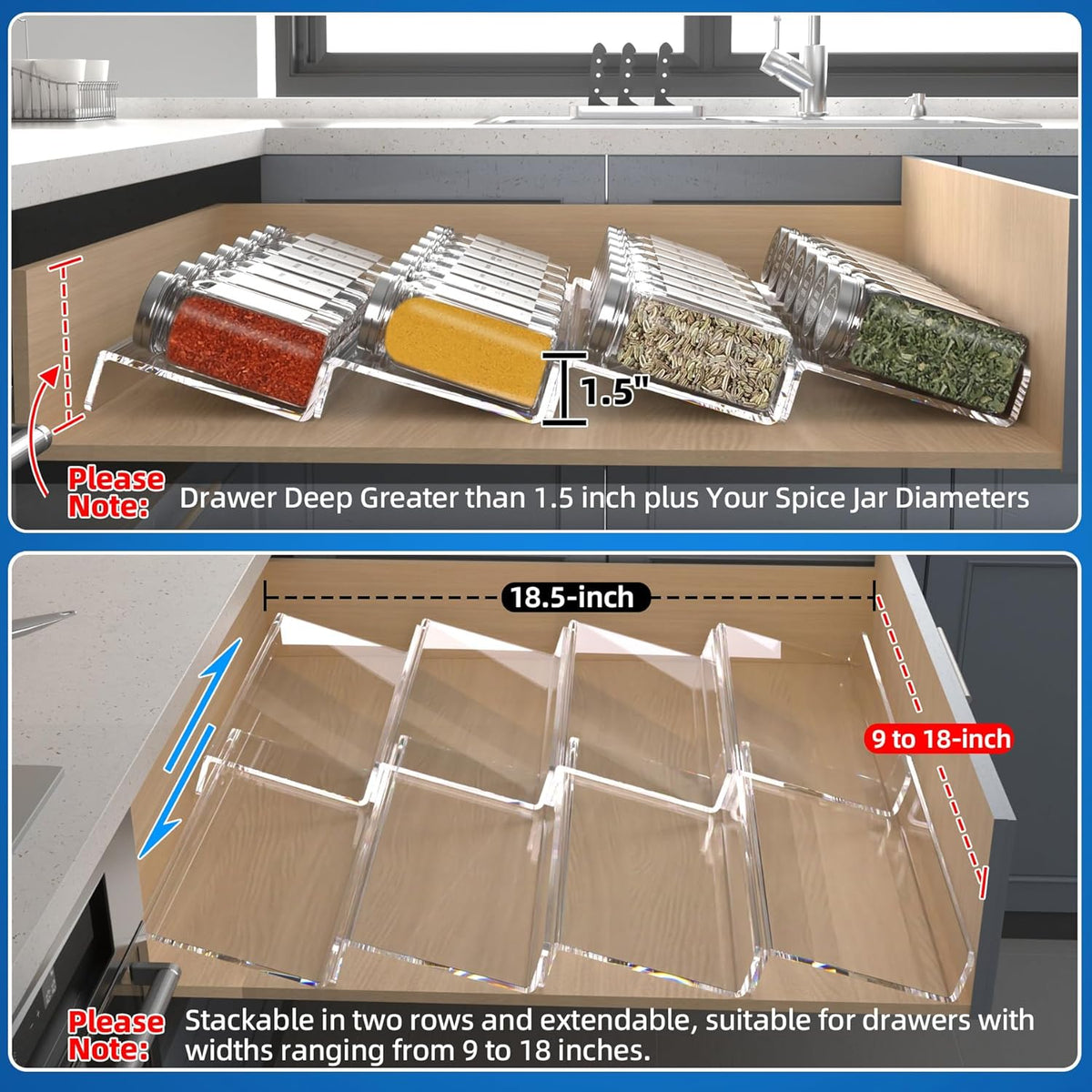 MIUKAA Clear Acrylic Spice Drawer Organizer, 4 Tier- 2 Set Expandable From 9" to 18" Seasoning Jars Drawers Insert, Kitchen Spice Rack Tray for Drawer/Countertop (Jars not included)