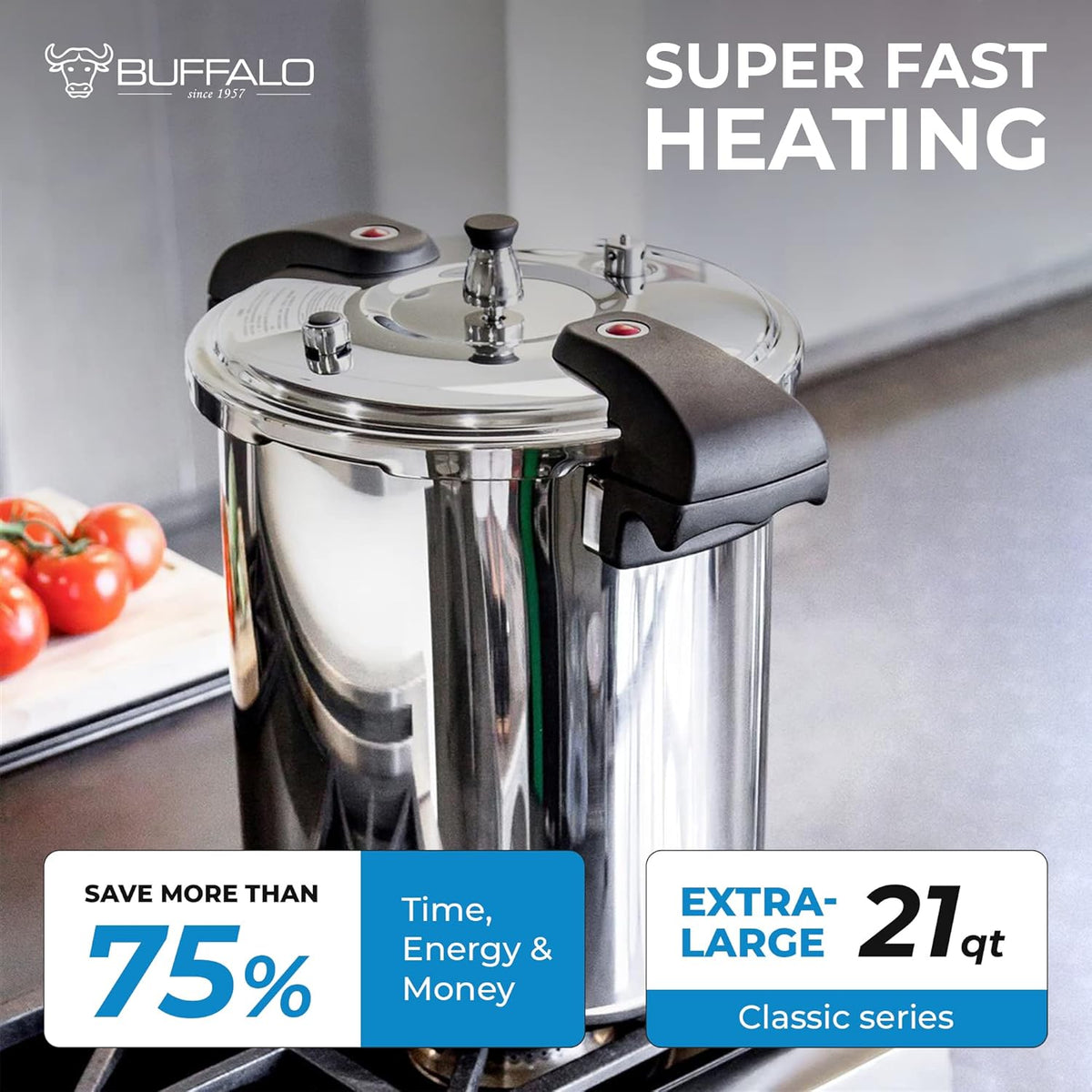 Buffalo Pressure Cooker 21 Qt Stainless Steel - Large Canning Pot with Lid for Home, Commercial Use - Easy to Clean Any Stove Top Pressure Canner, Can Cooker - SG Certificate QCP420