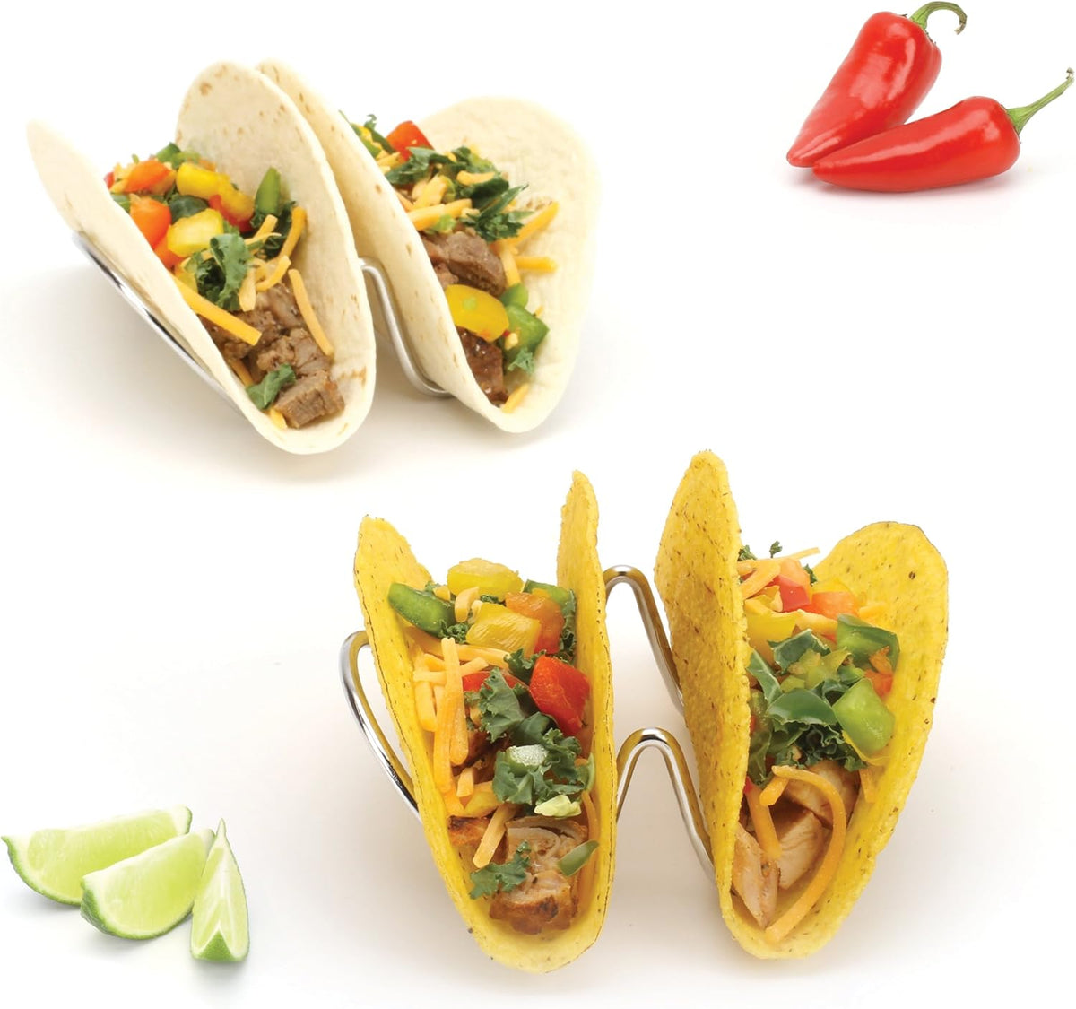 2LB Depot Taco Holder Set with 2 Stackable Stainless Steel Stands, Each Rack Holds 2 Hard or Soft Tacos, Five Styles Available, Perfect for Home and Restaurants
