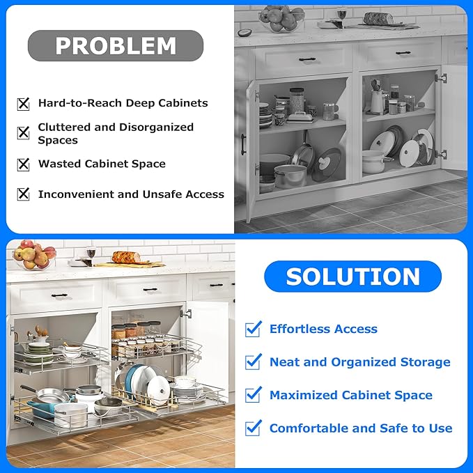 WelFurGeer 2-Tier Stainless Steel Pull Out Cabinet Organizer, Soft Close Damping Slides, Heavy Duty Chrome Plated Wire Basket with Shelf Liner, Perfect for Kitchen Cabinets, Pantry Storage, Under Sink