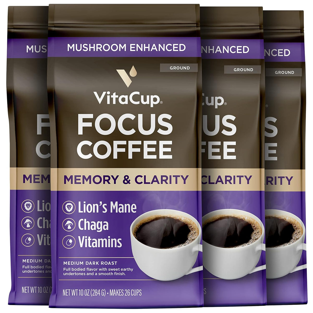 VitaCup Focus Mushroom Coffee Grounds, with Lions Mane, Chaga, B Vitamins, D3, Boost Focus, Immunity, Memory & Clarity, Medium Dark Roast, Bold & Smooth 100% Arabica Specialty, 4 bags, 10oz each