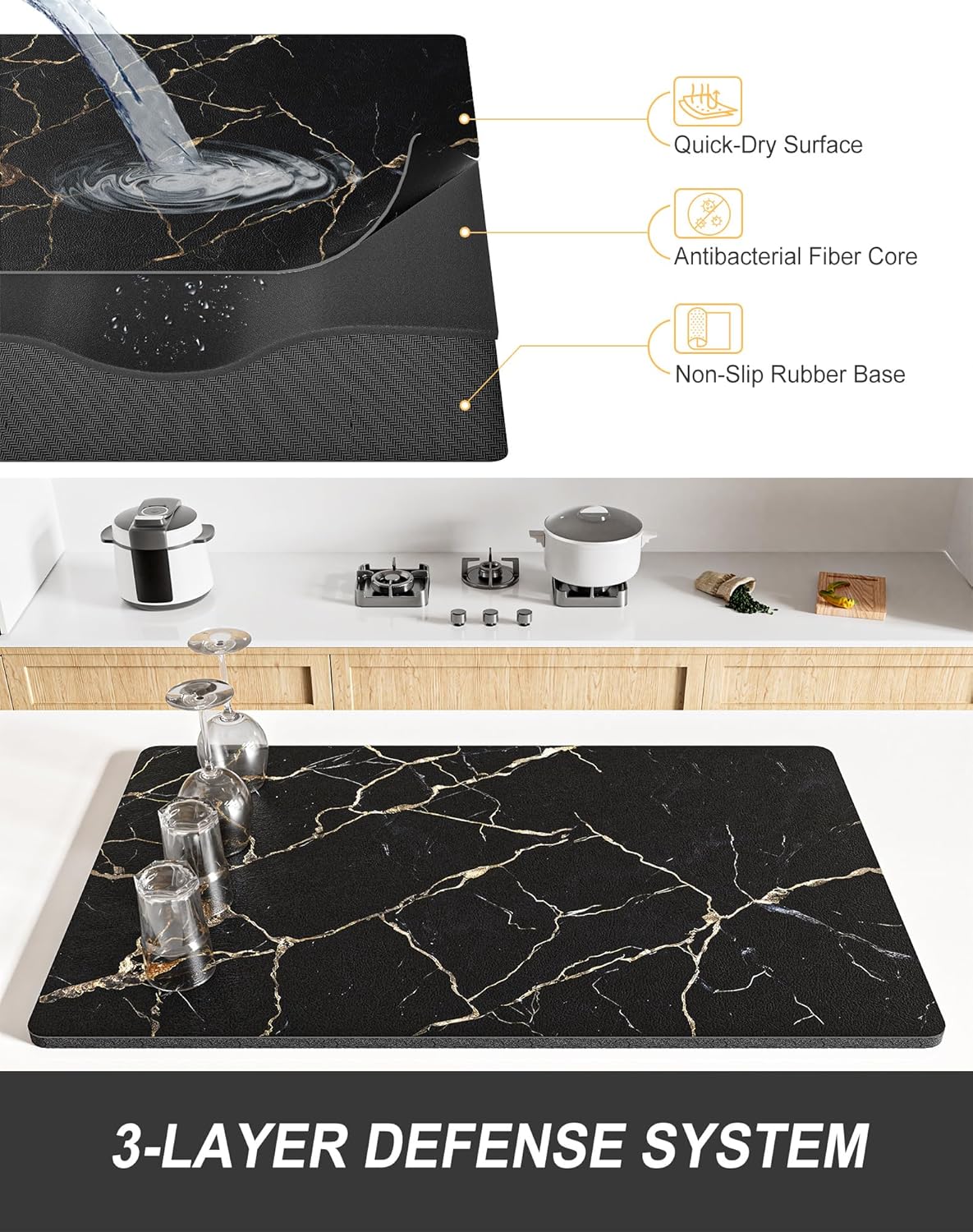 Rnivvi Dish Drying Mat for Kitchen Counter, XL 15 x 24" Cute Marble Absorbent Draining Pad, Non-Slip Heat Resistant Coffee Bar Mats for Coffee Machine Station Accessories, Black Gold Dish Rack Pad