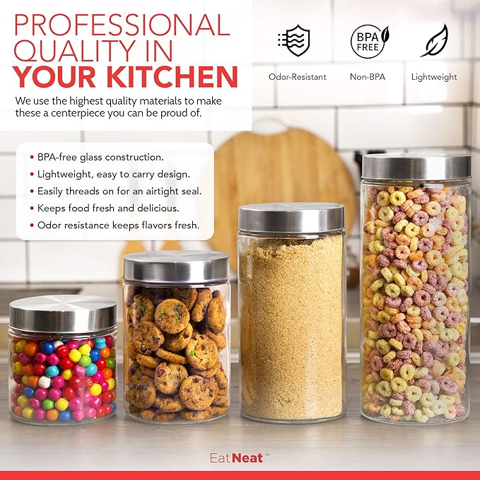 EatNeat 4-Piece Sleek Glass Canister Set with Brushed Stainless Steel Lids – Giftable, Durable Storage Containers for Countertop Use – Dishwasher-Safe Jars in Various Sizes for Pantry & Kitchen
