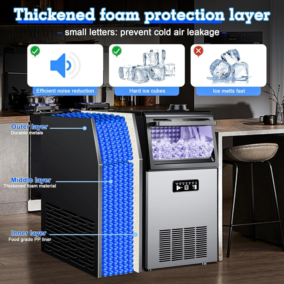 Commercial Ice Maker Machine 100LBS/24H with 20LBS Ice Storage, Stainless Steel Freestanding/Undercounter Ice Machine 36Pcs Ice with Two Water Inlet Modes Self-Cleaning for Homes Restaurants Bars