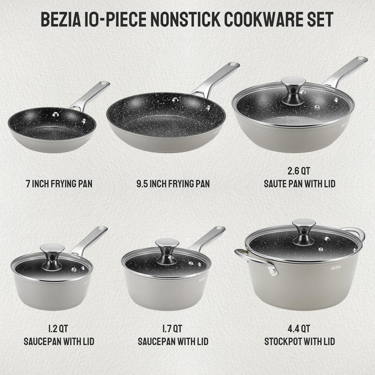 Induction Cookware Nonstick, BEZIA Pots and Pans Set for Induction Cooktop, Compatible with All Stoves, Dishwasher Safe Kitchen Cooking Pan Set with Frying Pans, Saucepans & Stockpot, 10-Piece (Grey)