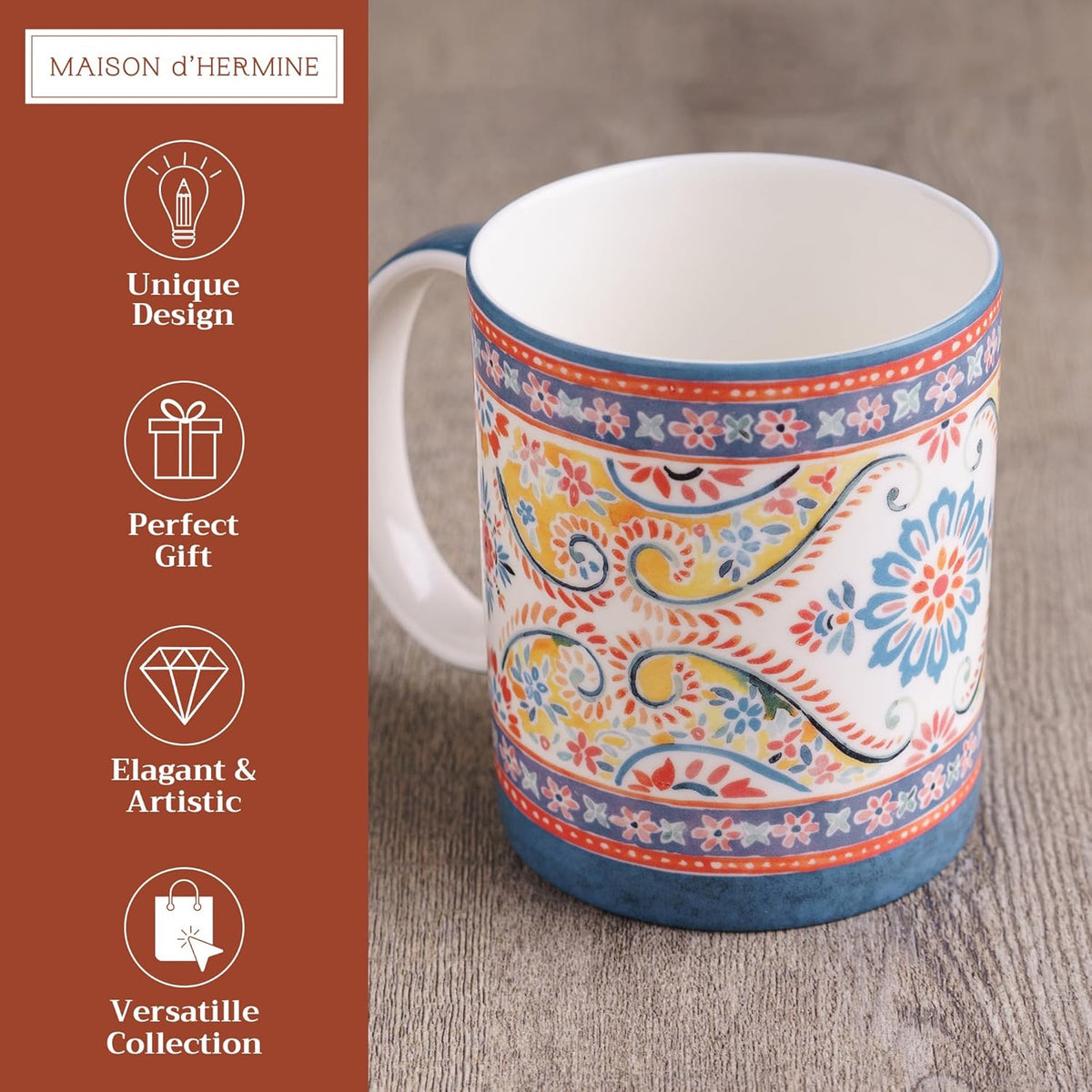 Maison d' Hermine Coffee Mug with Handles Fine Bone China Mugs Pack of One Tea Cups for Hot Beverages Cappuccino Latte Home Restaurant Office Perfect for Gift (Indian Floral - Butta, 15 Ounce)