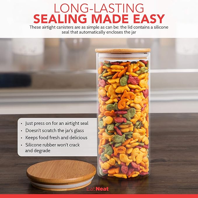 EatNeat 4‑Piece Glass Canister Set with Airtight Bamboo Lids – Giftable Kitchen Storage – Tall Jar Fits Spaghetti – 74/56/36/20 oz for Pantry, Dry Goods, Coffee, Snacks & More