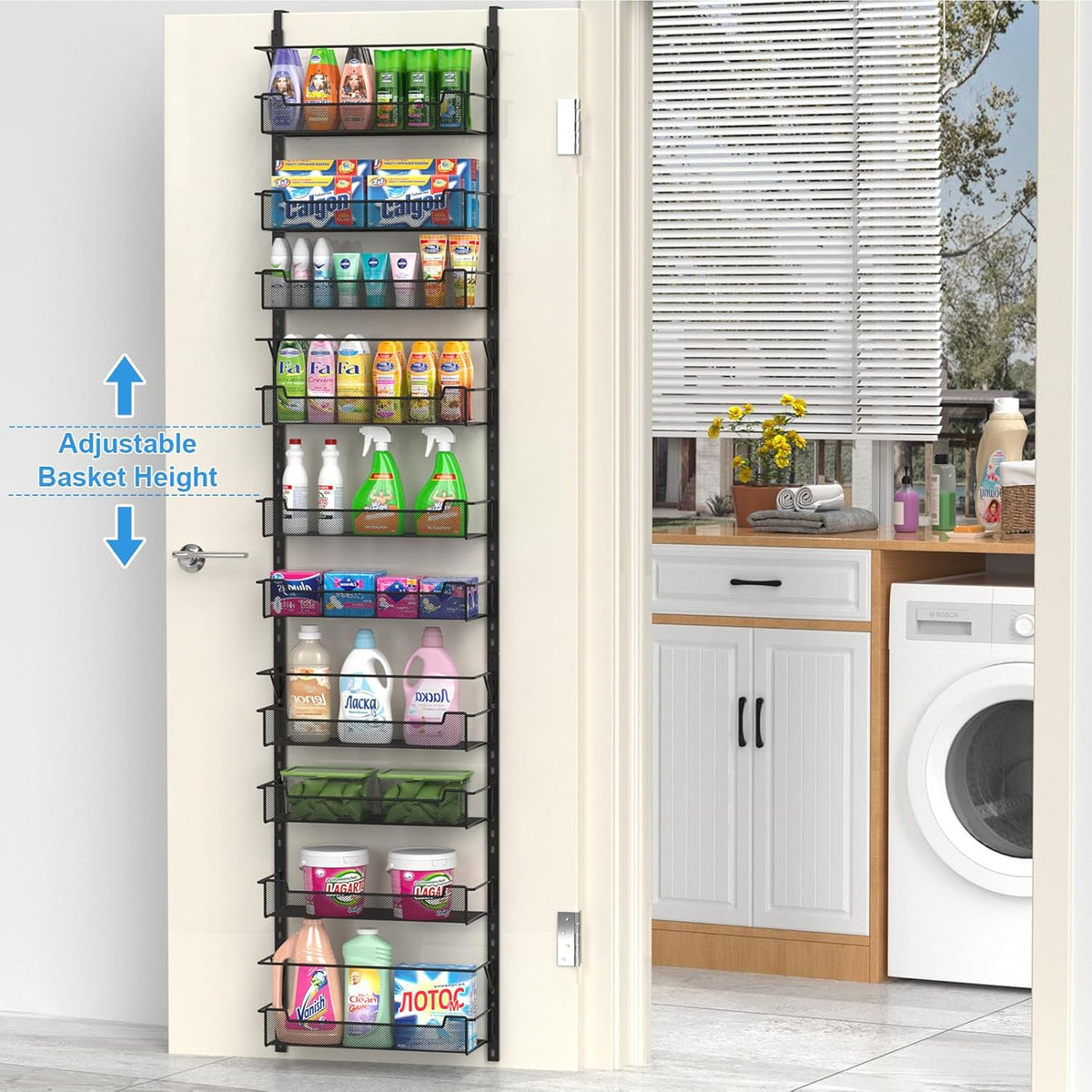 Over the Door Organizer, 10-Tier with Adjustable Bins - Kitchen Storage, Black