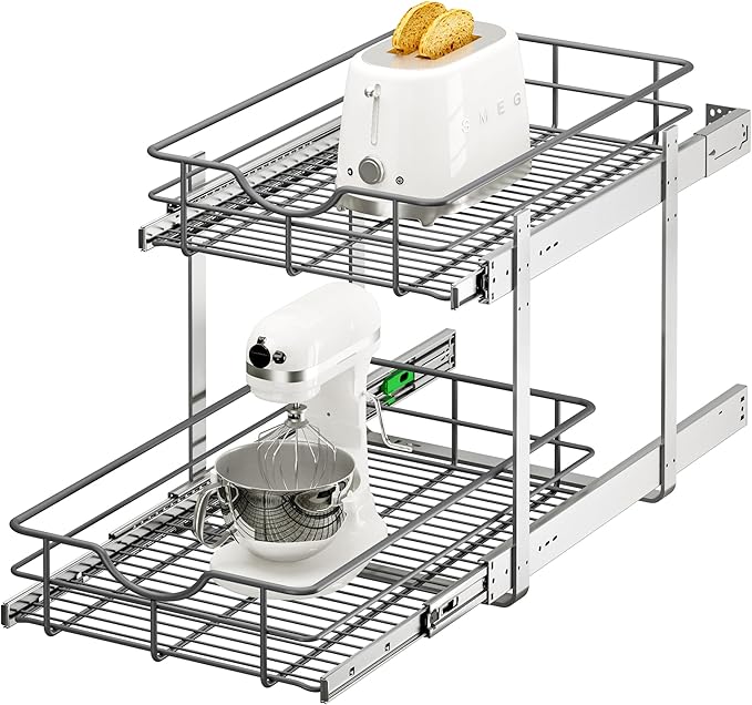 ALINE FURNITURE 2-Tier Pull Out Cabinet Organizer - 14" W x 22" D Soft Close Pullout Shelves with Shelf Liners - Slide Out Drawers for Kitchen Cabinets, Pantry, Bathroom, Heavy Duty Steel Wire Baskets