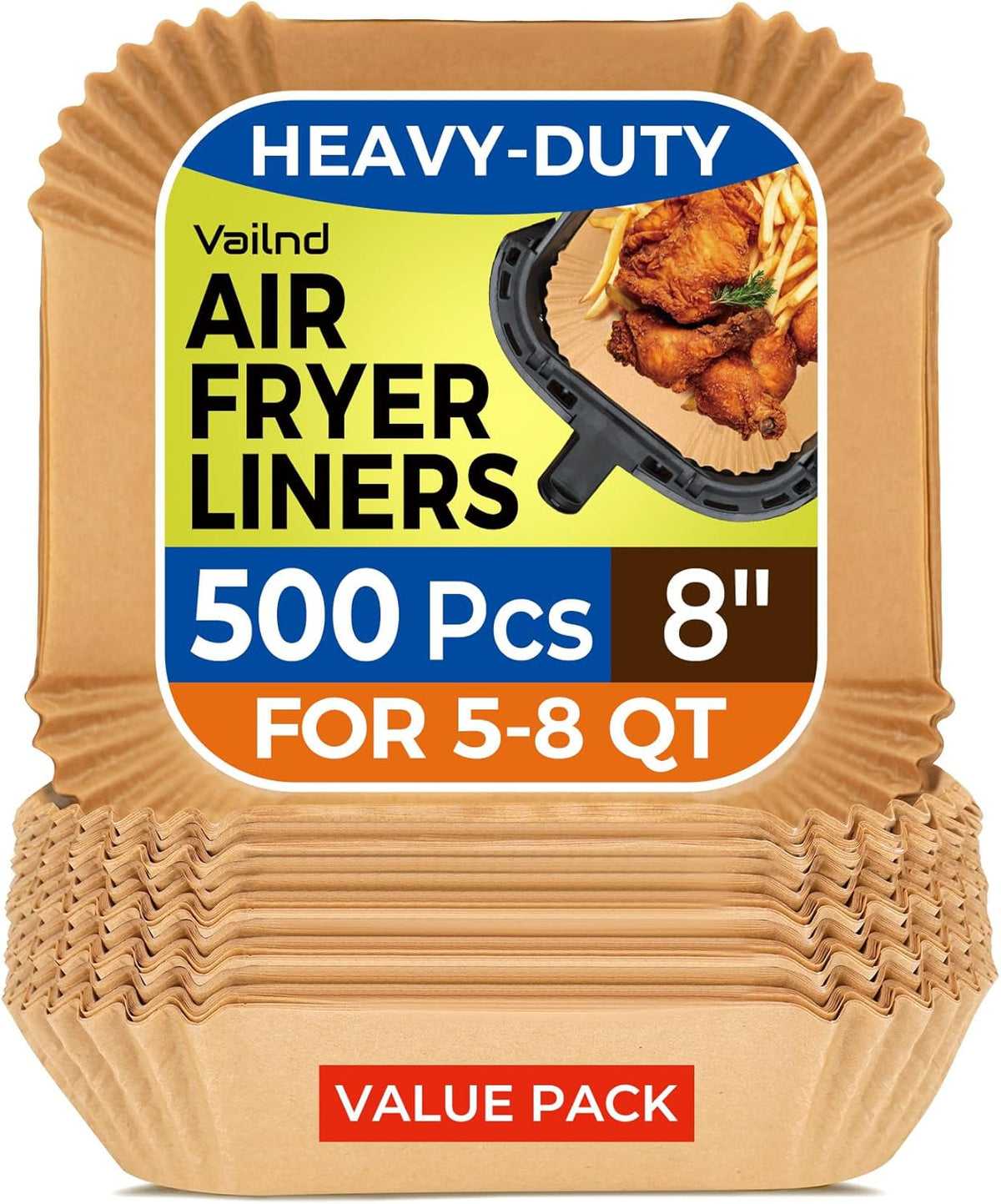 Air Fryer Liners Disposable 8" Square, 500 Pcs Unbleached Parchment Paper Liners for Airfryer Basket, Non-Stick & Leakproof Baking Paper for Oven & Pan