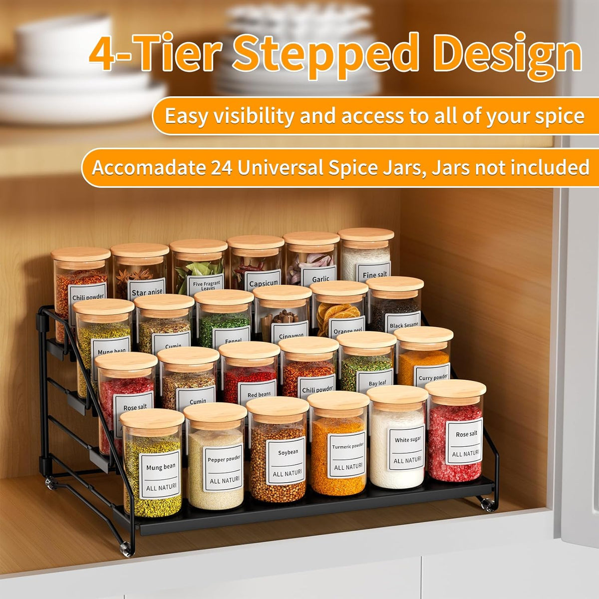 RCHYFEED Spice Rack Organizer for Cabinet Pantry,4 Tier Spice Rack Countertop,Tierd Spice Organization Easy Visibility, Depth Adjustable Seasoning Organizer for Cabinet (Black, 2Pack)