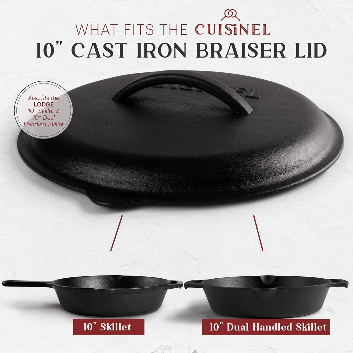 Cuisinel Cast Iron Lid - Fits 10"-Inch Lodge Skillet Frying Pans or Braiser + Silicone Handle Holder + Care Guide - 25.4-cm Pre-Seasoned Universal Replacement Cover - Indoor/Outdoor, Fire, BBQ Safe