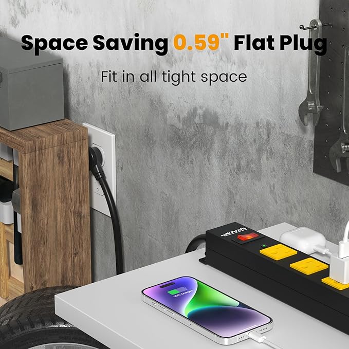 12 Outlet Long Power Strip, 3FT Power Cord, 2100 Joules Surge Protector, Wide Spaced Outlet Power Bar, Overload Protection Switch, Industrial Heavy Duty for Work Bench, Shop, Garage