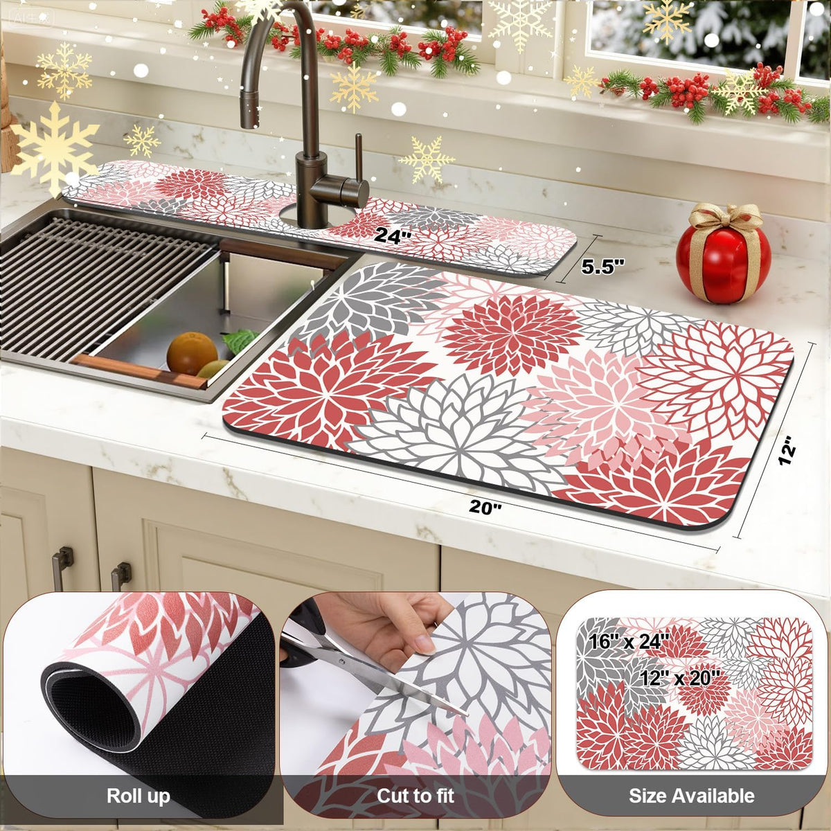 Findosom 2PCS 16" x 24" Dish Drying Mat & 24" x 5.5" Sink Splash Guard, Super Absorbent & Cuttable Dish Mat Drying Kitchen Mat with Red Floral, Hide Stain Drying Mat for Kitchen Counter