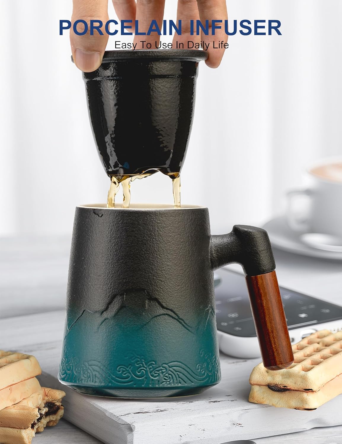 suyika Tea Cup with Infuser and Lid, 15.2 Ounce Wood Handle Ceramic Loose Leaf Mug Gradient Black&Green 450ml