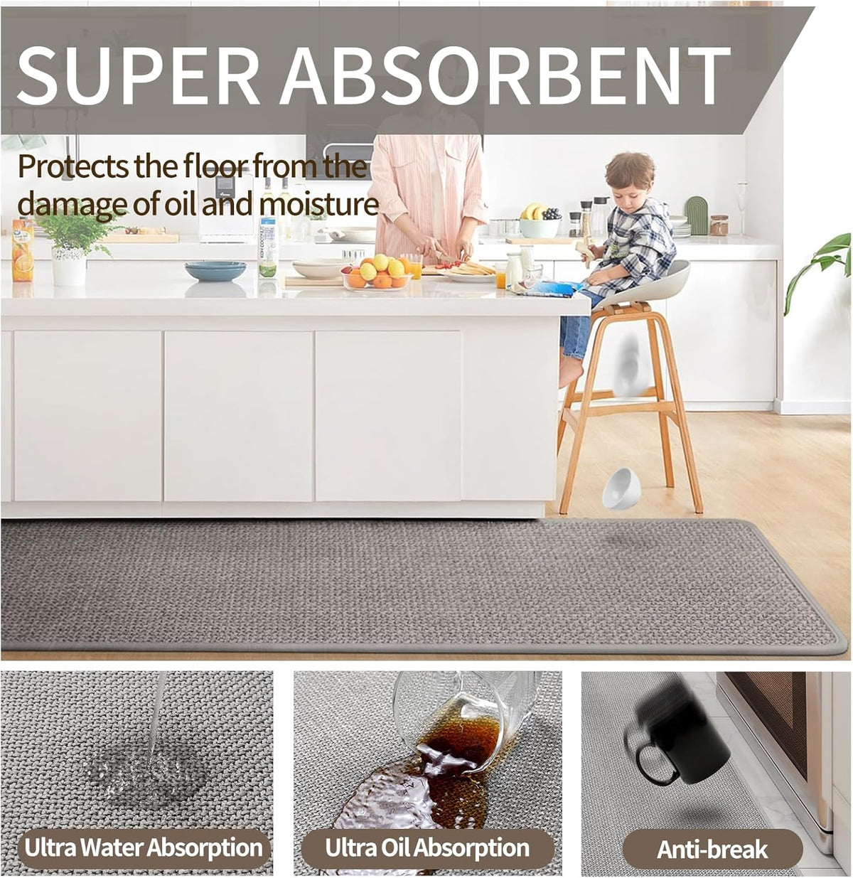 Non Slip Kitchen Rugs, Oil and Water Absorbent Runner Rugs for Kitchen, Kitchen Mat in Front of Sink,17x47 Gray Kitchen Mat,Non-Slip and Durable Kitchen Mats for Floor