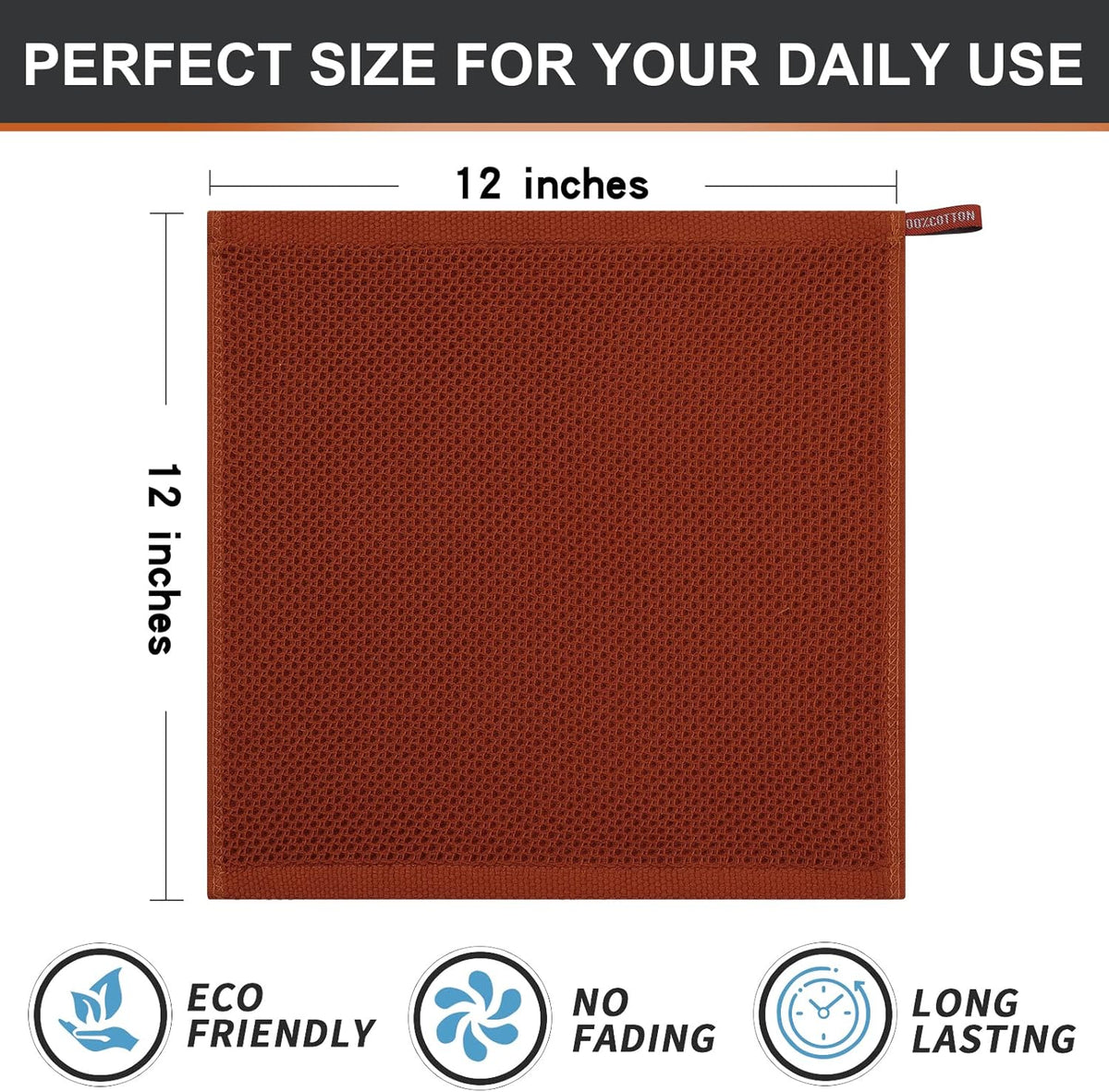 Kitinjoy 100% Cotton Kitchen Dish Cloths, 6 Pack Waffle Weave Dish Towels Ultra Soft Absorbent Quick Drying Dish Rags, 12 X 12 Inches, Rust
