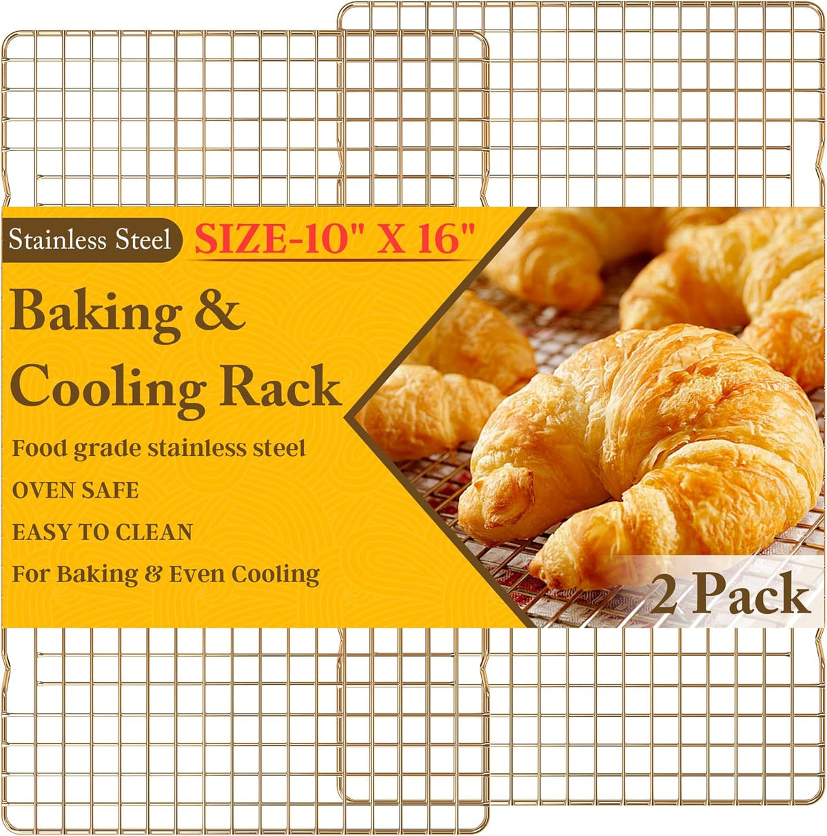 2PCS Cooling Racks for Cooking and Baking - 10" x 16"Heavy Duty Stainless Steel Wire Rack for Baking, Grilling, Roasting - Oven & Dishwasher Safe - Fits Half Sheet Pan（Gold）