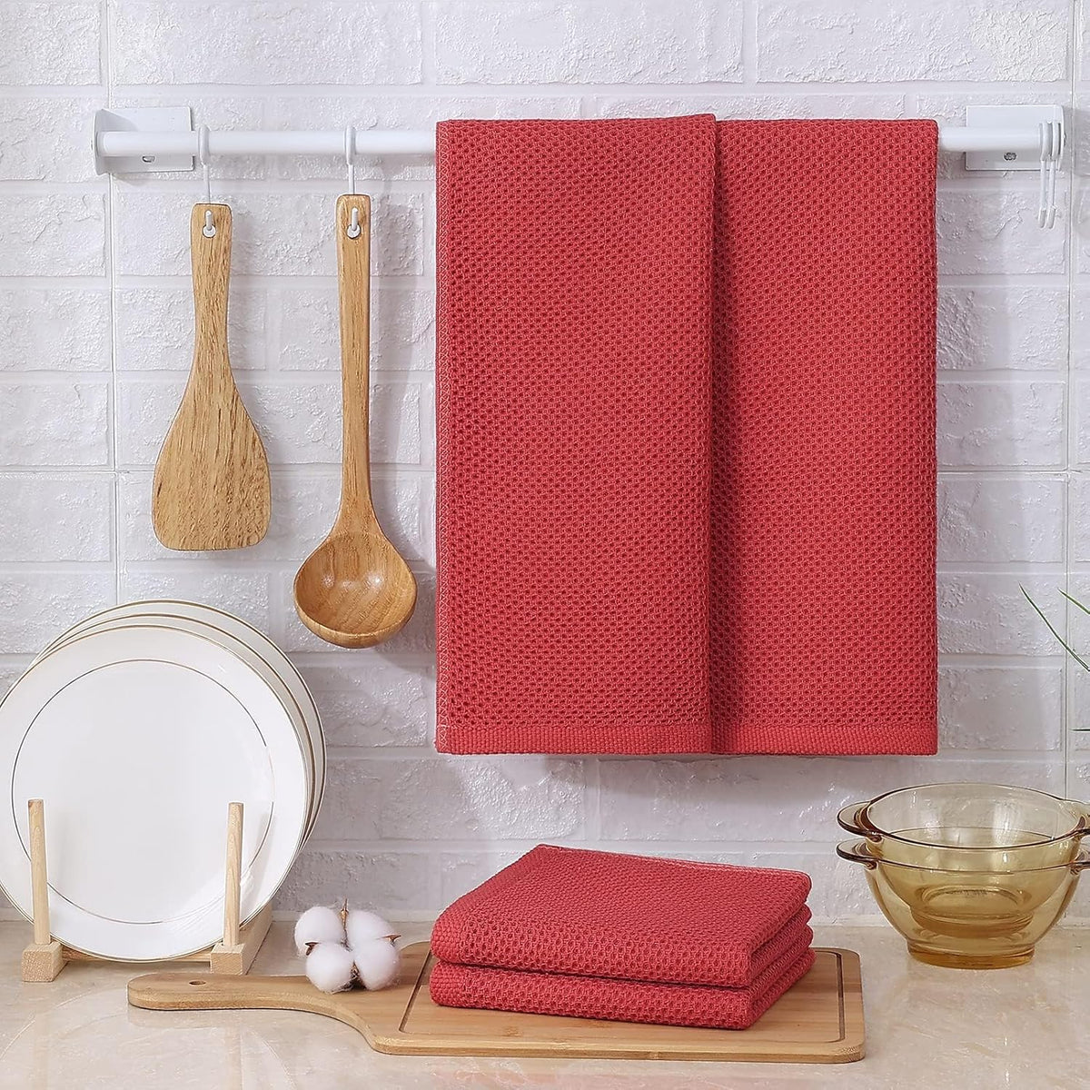 Kitinjoy 100% Cotton Waffle Weave Kitchen Towels, 6-Pack Super Soft and Absorbent Dish Towels for Drying Dishes, Kitchen Hand Towels, 13 in x 28 in, Brick Red