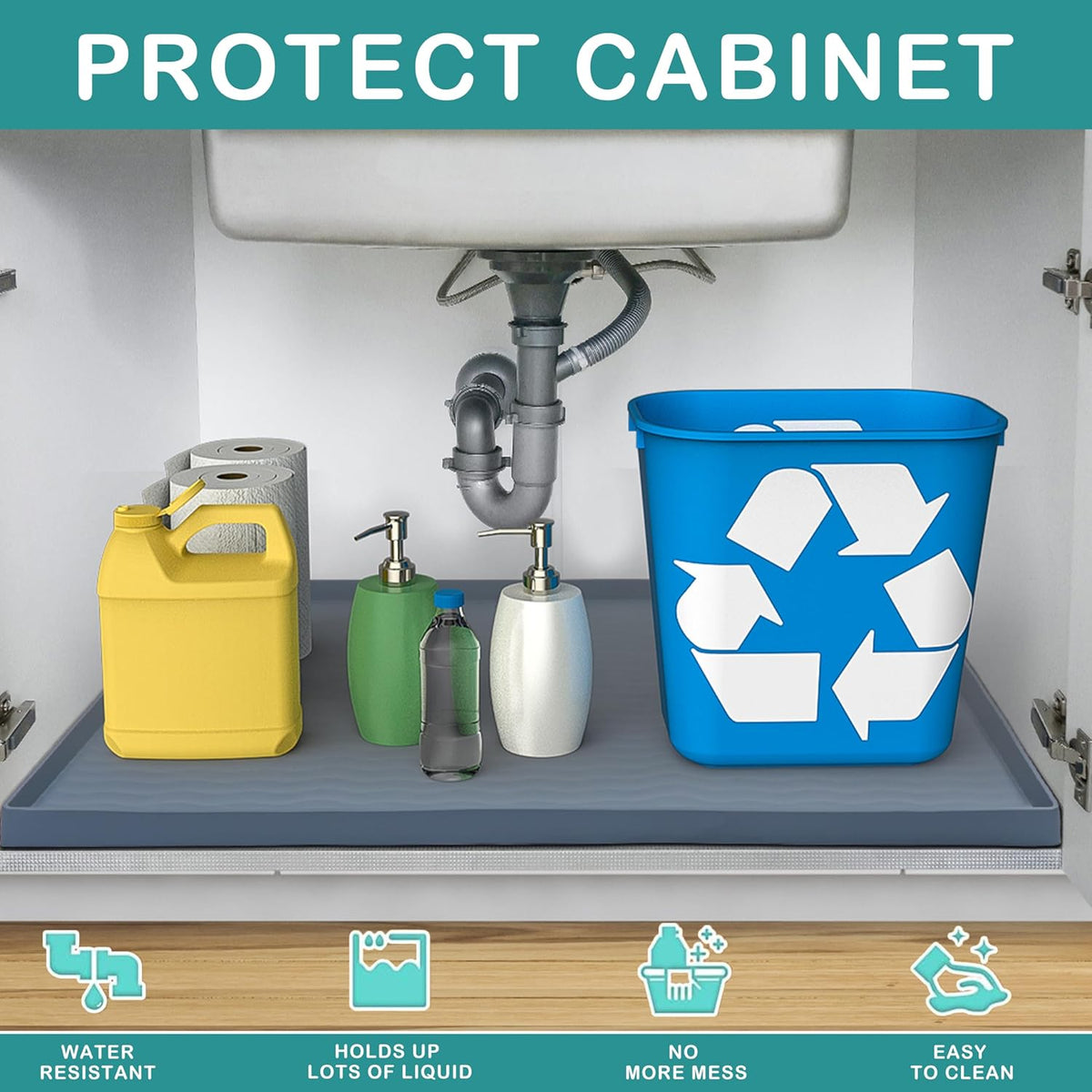 URMONA Waterproof Silicone Under Sink Mat 34'' x 22'' Shelf Liner for Kitchen and Bathroom, Cabinet and Counter Protector, Storage and Organizers, Litter Mat, Pet Cat Puppy Essentials(Light Grey 1pcs)