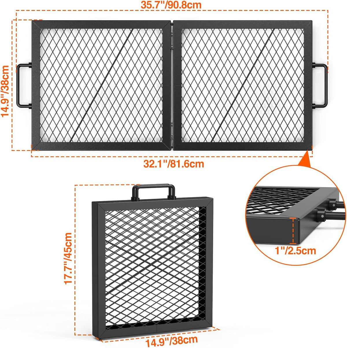 Onlyfire Foldable X-Marks Fire Pit Cooking Grate, Portable Rectangle Campfire Grill Grate with Handles, Heavy Duty Steel Campfire BBQ Grill for Outdoor, 32 inch